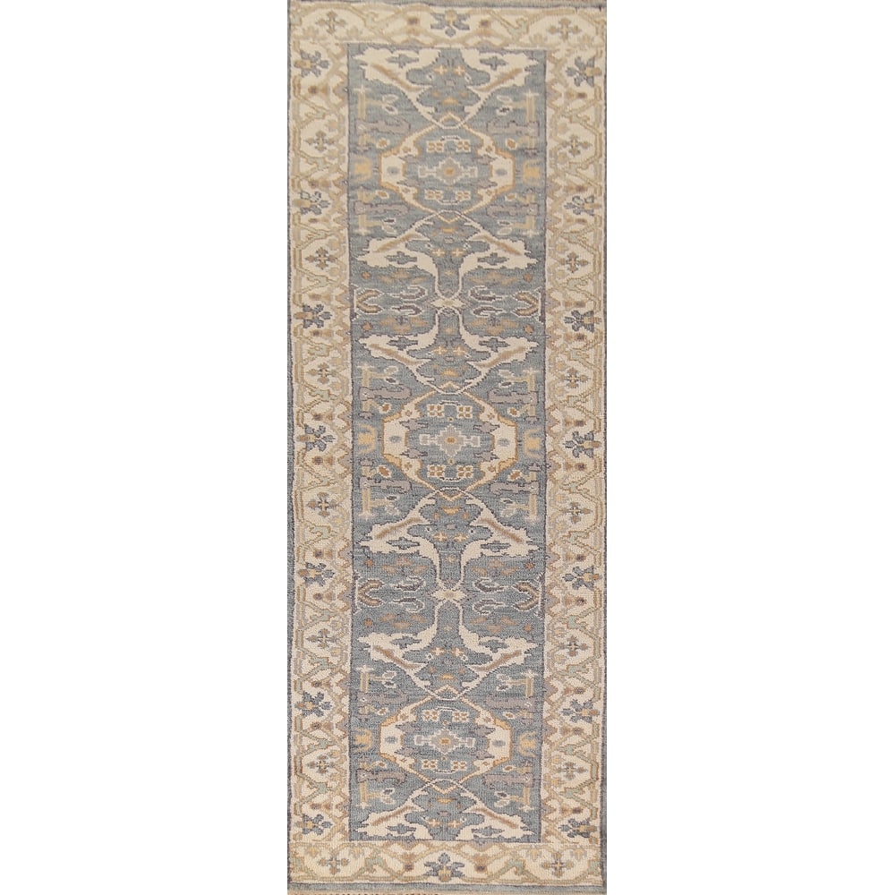 Light Blue Oushak Oriental Runner Rug Hand-Knotted Floral Wool Carpet - 2'7" x 9'11"