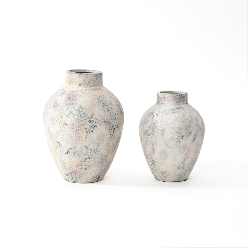 2-Piece Marbled White Round Stoneware Vase Set
