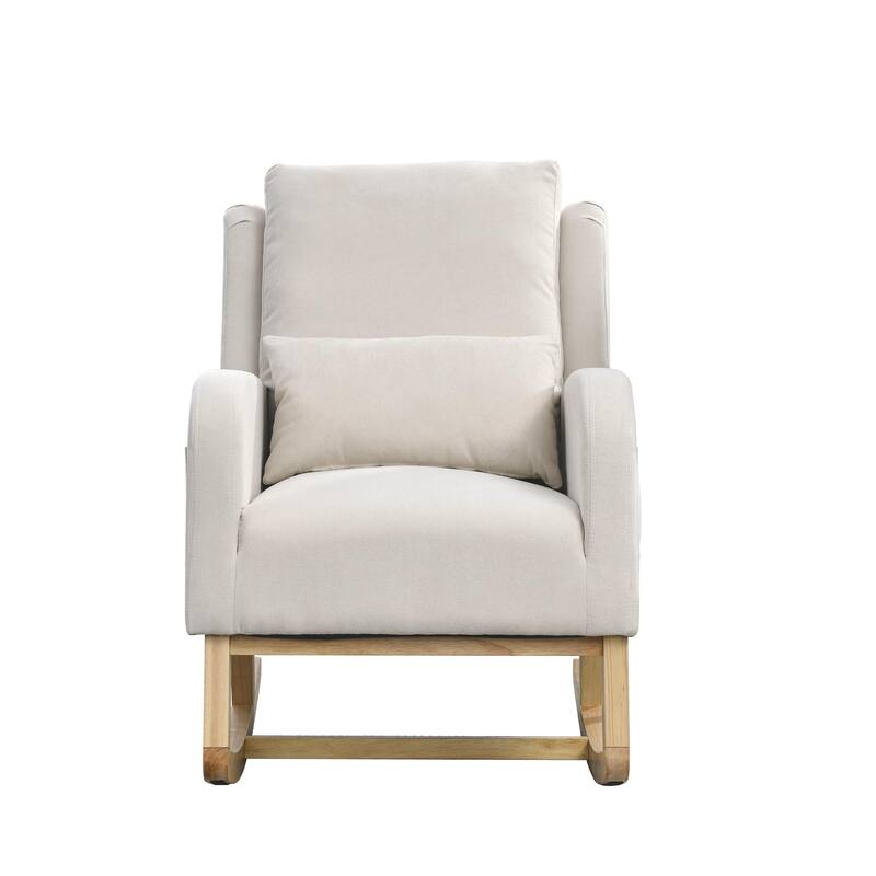 High Back Rocker Accent Chair with Wood Base, One Lumbar Pillow and Two Side Pockets