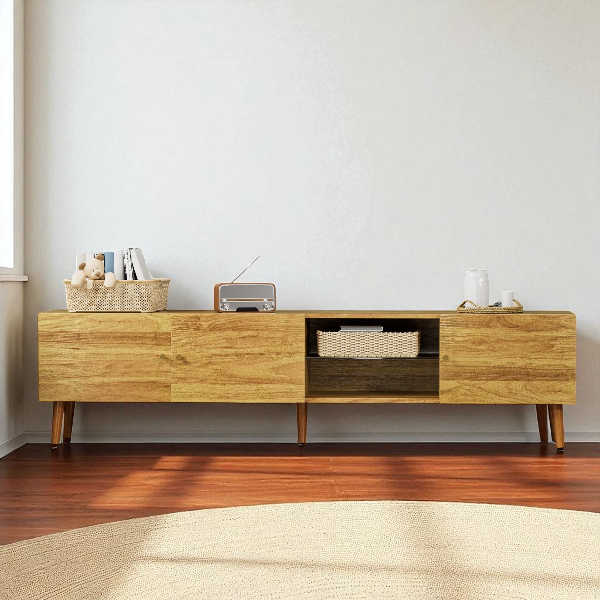 70'' Mid-Century Modern TV Stand with Storage, MDF Entertainment Console with 3 Doors & Cord Management for Living Room Bedroom