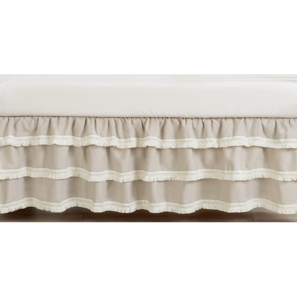 slide 2 of 2, Boho Bohemian Boy Girl Tiered Ruffled Crib Bed Skirt - Solid Taupe Beige Ivory Cream Linen Farmhouse Shabby Chic Neutral Unisex