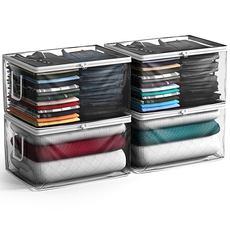 Sorbus Clear Storage Bag, 90L Foldable Large Plastic Bags with Zipper & Carry Handles - 4 Pack