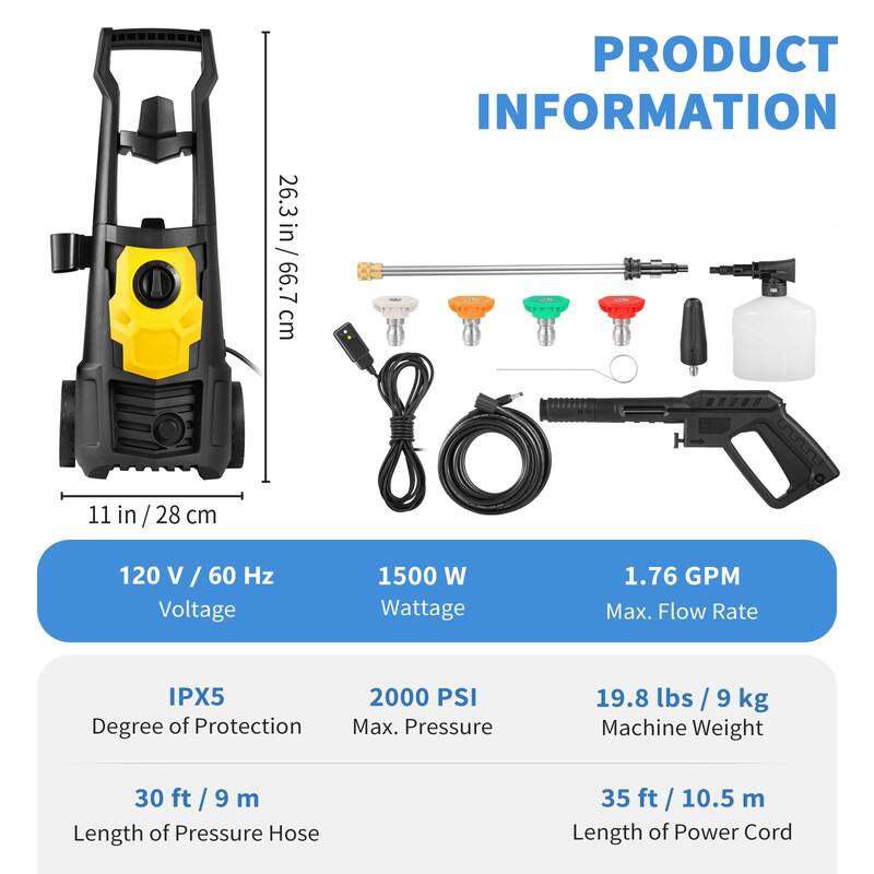 Black-Yellow PP 2000PSI Electric Washer 1.76GPM with 5 Nozzles