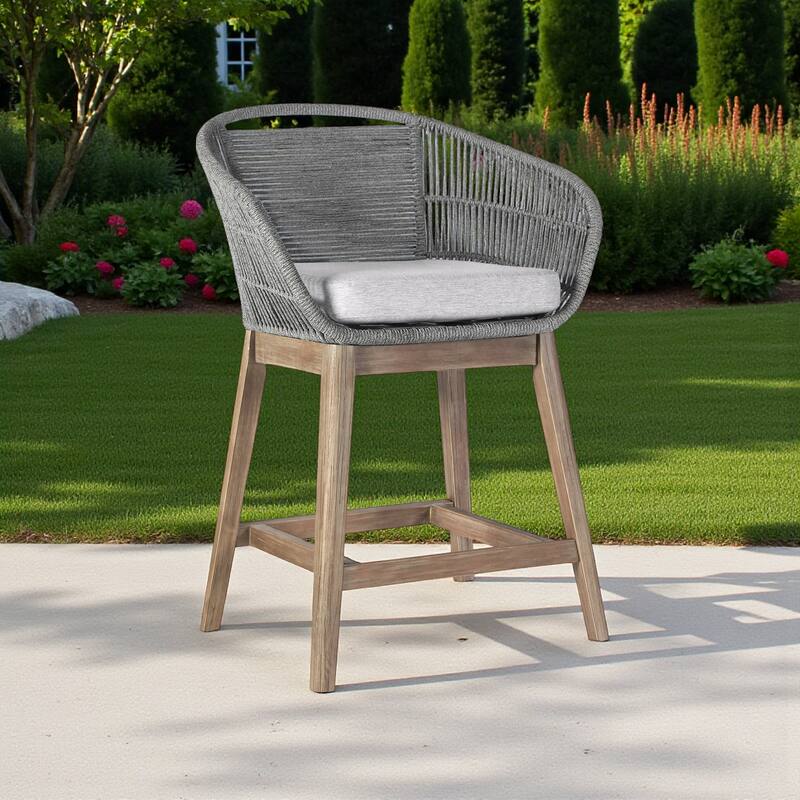 HomeRoots 38" Light Gray Solid Wood Low back Outdoor Bar Height chair with Footrest - Light Gray
