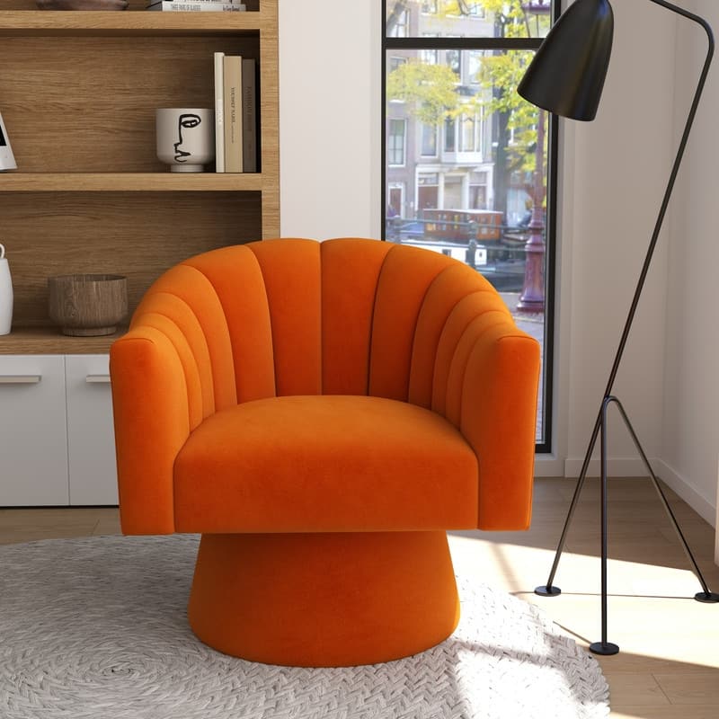SEYNAR Modern Glam Velvet Upholstered Round Swivel Accent Arm Barrel Chair for Living Room - Orange