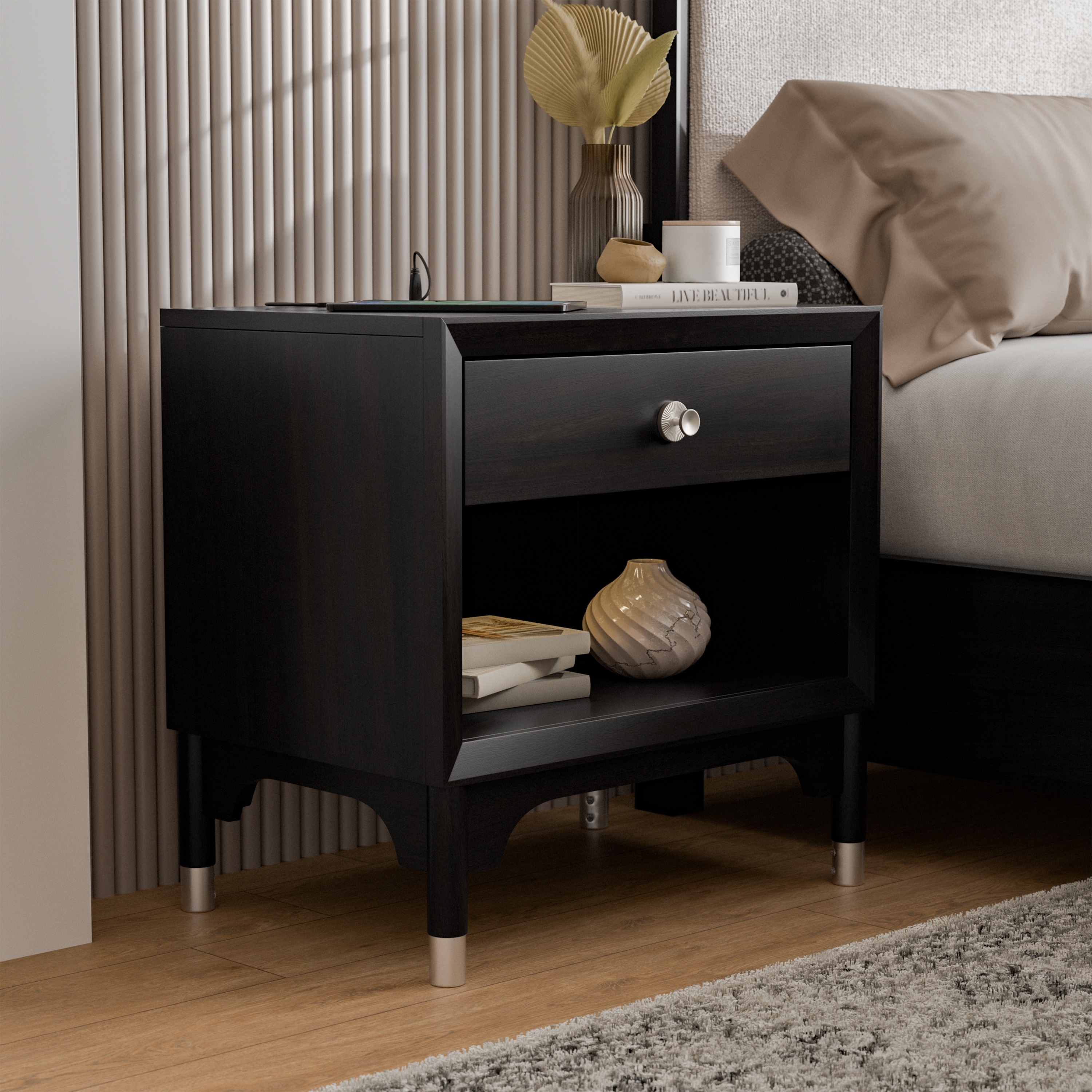 Furniture of America Forma Mid-Century Modern Black Solid Wood Nightstand With LED Light and USB Ports