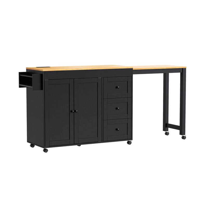 Modern Kitchen Island with Extendable Dining Table, 3 Drawers, 2-Door Cabinet, Power Sockets and Spice Rack, for Kitchen