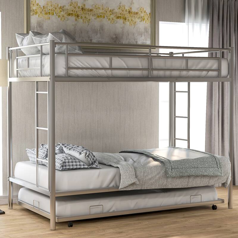 Twin Over Twin Bunk Bed w/Trundle, Metal Bedframe for 3, Space Saving