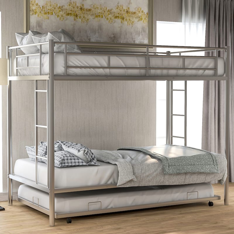 Twin over Twin Size Metal Bunk Bed with Trundle, Ladder and Fence for Bedroom