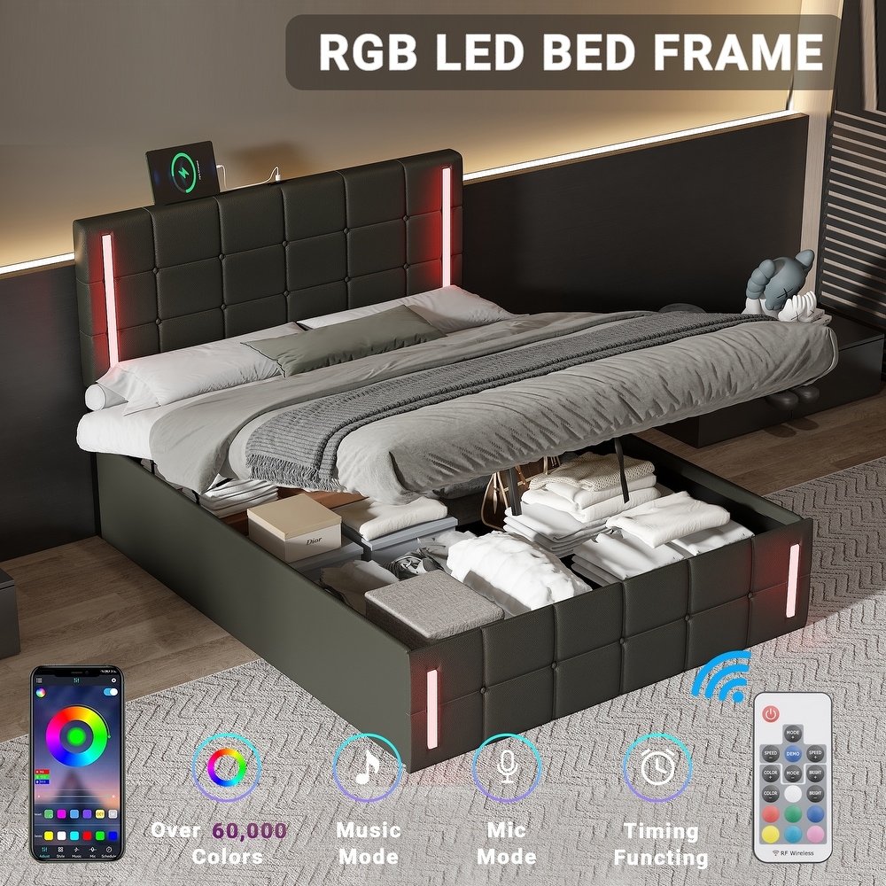 flyout slide 12 of 27, Full Size Upholstered Bed with LED Lights,Hydraulic Storage System and USB Charging Station
