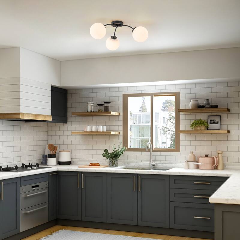 6-Light Brass Semi-Flush Mount Ceiling Light with Opal Glass Shades - 24.2-in W x 9.05-in H