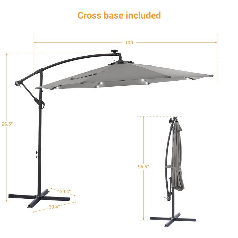 10Ft LED Patio Offset Umbrella Hanging Circle Umbrellas,w/Cross Base