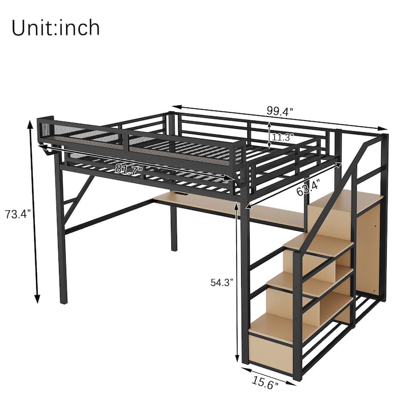 Iron Loft Bed Frame with Desk, Charging Station, Bedside Shelf and Wardrobe, Heavy Duty Metal Loftbed with LED Lights