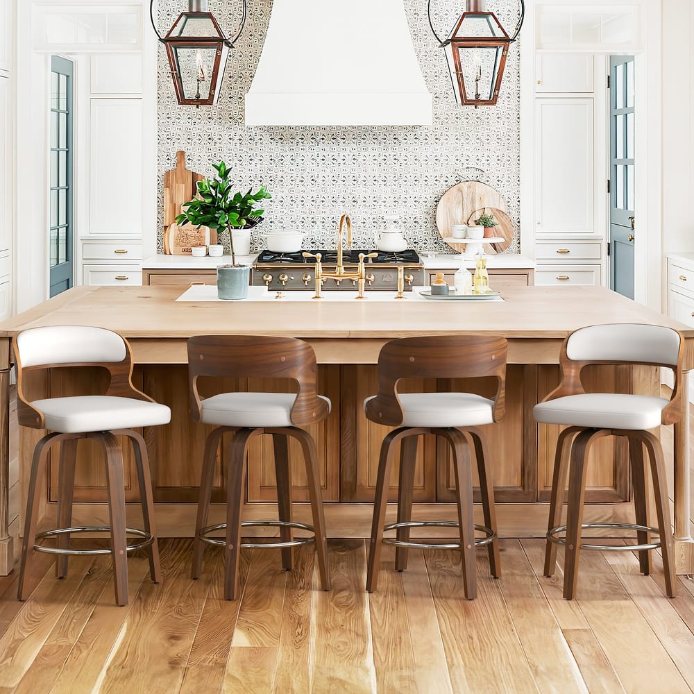 PU Leather 26in. Swivel Barstool Counter Height Low Back Solid Wood Stool for Kitchen Islands with Curved Backrest