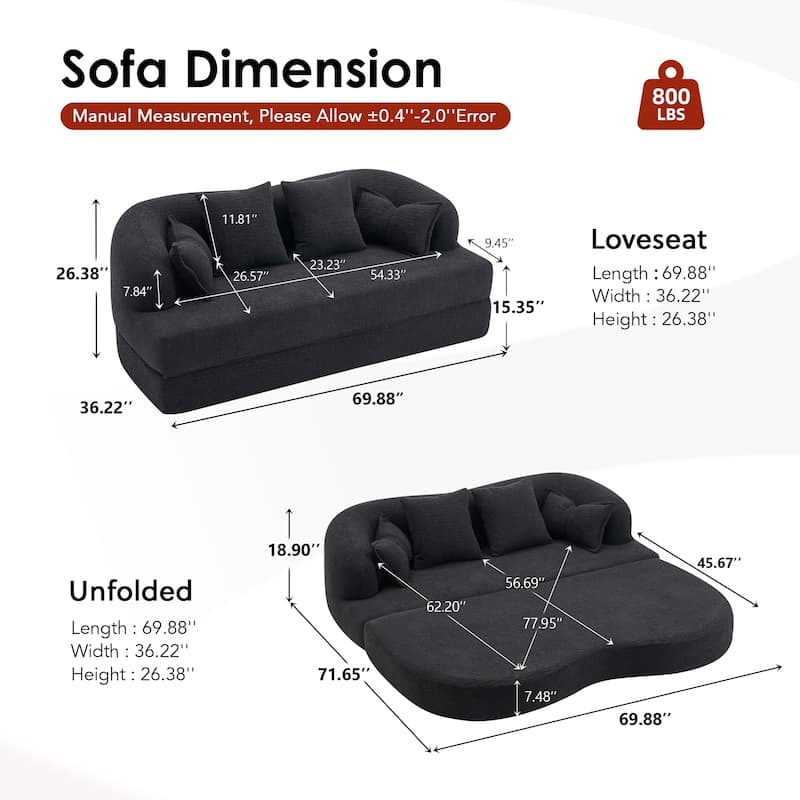 2-in-1 Foldable Sofa Bed,70 Inch Folding Boneless Couch