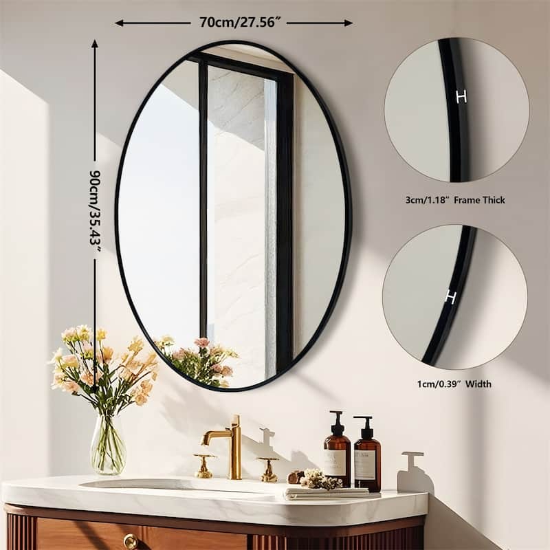 Oval Wall Mirror Black Frame Bathroom Vanity Mirror Vertical Hanging Makeup Mirror for Bedroom