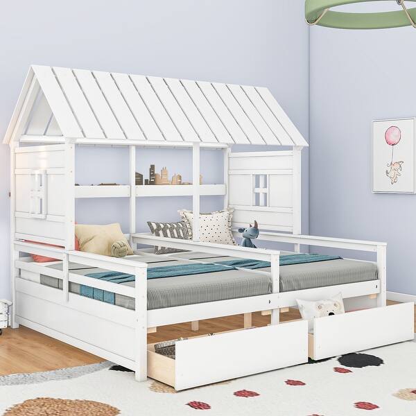 slide 2 of 12, Twin Size House Platform Bed with 2-Drawers, Side by Side Design for Kids Room, Fun Roof Design & Space-Saving Storage, White White