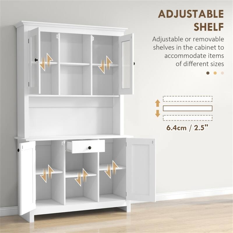 Matte White Buffet Cabinet with Glass Doors and Adjustable Open Shelves for Kitchen or Living Room