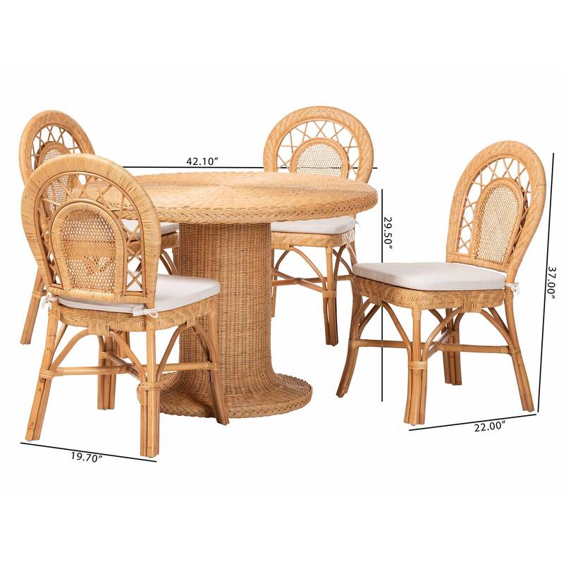 Walker 5-Piece Natural Rattan Dining Set - Handwoven Wicker Set with Round Pedestal Table and 4 Curved Back Chairs, Coastal Boho