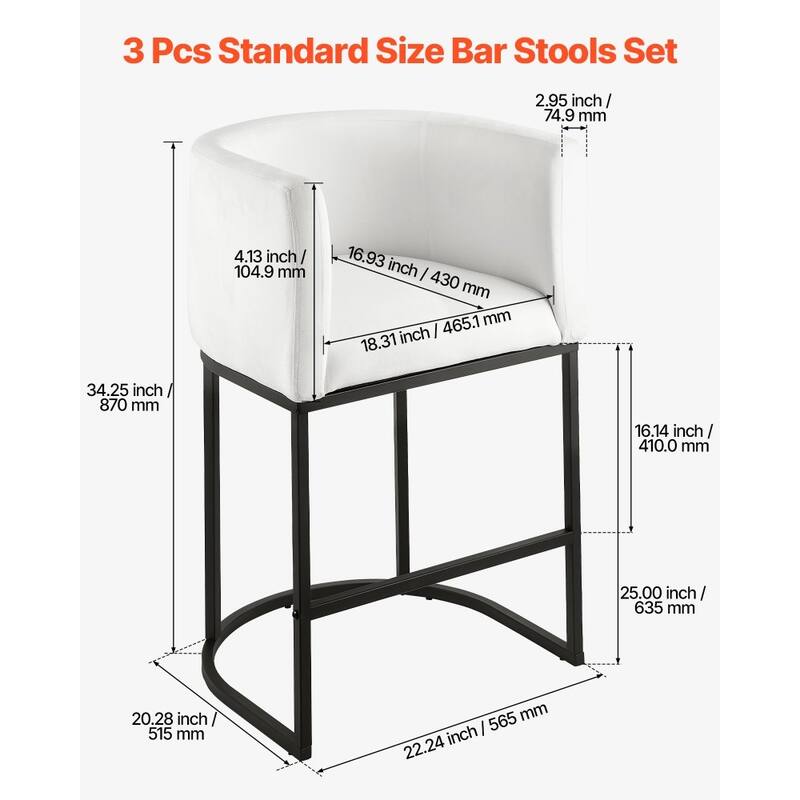 Set of 3 Plush Upholstered Counter Height Bar Stools with Backrest and Sturdy Iron Frame - 22.24” x 20.28” x 34.25”
