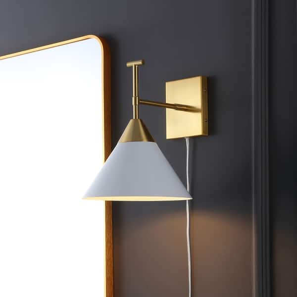 slide 2 of 15, SAFAVIEH Velezia 13-inch Plug-in Wall Sconce with LED Bulb - 9.5 in. W x 12.5 D in. x 12 in. H Gold/White