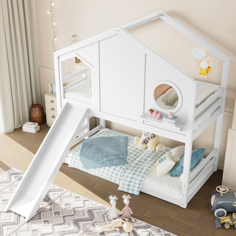 Twin House Bunk Bed with Slide & Storage Shelves - Solid Wood, Childlike Design, Window - White - Twin