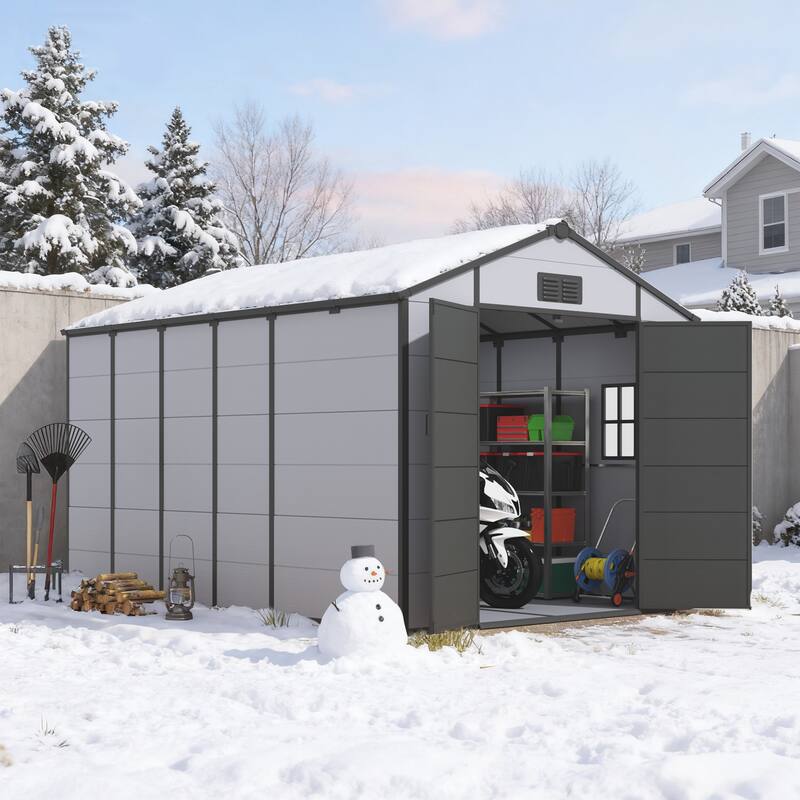 EROMMY Outdoor Storage Shed with Built-In Floor, Lockable Double Doors & Sloped Roof, Gray/Black - 8' x 12' - Black