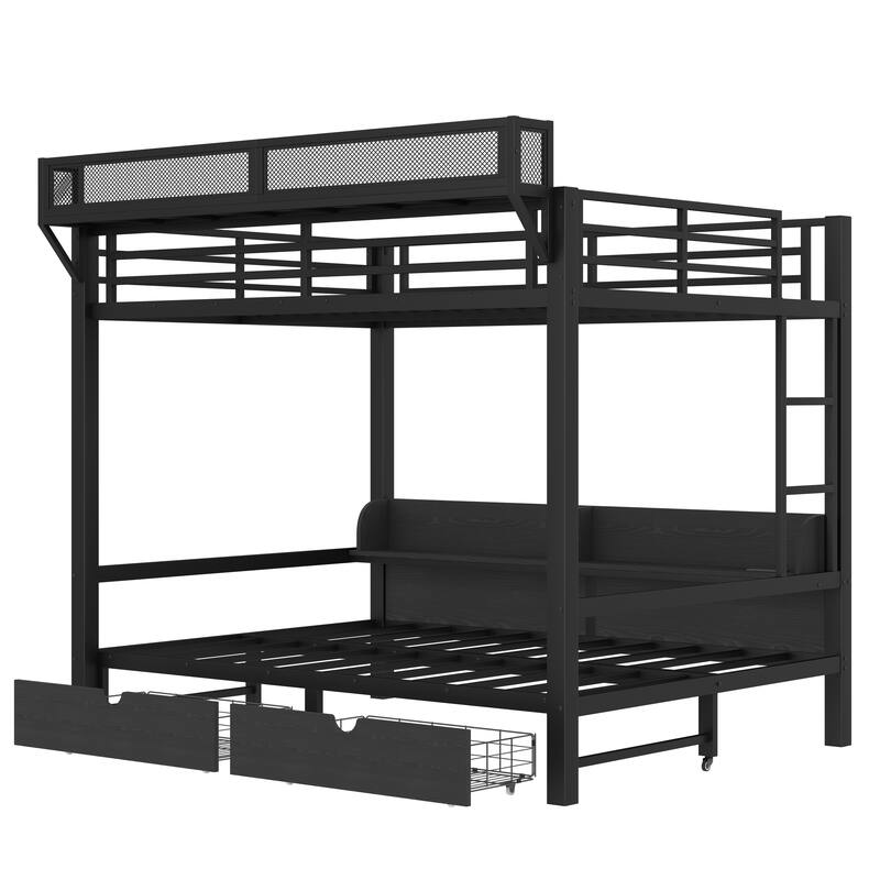 Queen over Queen Bunk Bed with Storage Shelves & Drawers, USB Ports & LED Lights, Convertible Sofa Lower Bed