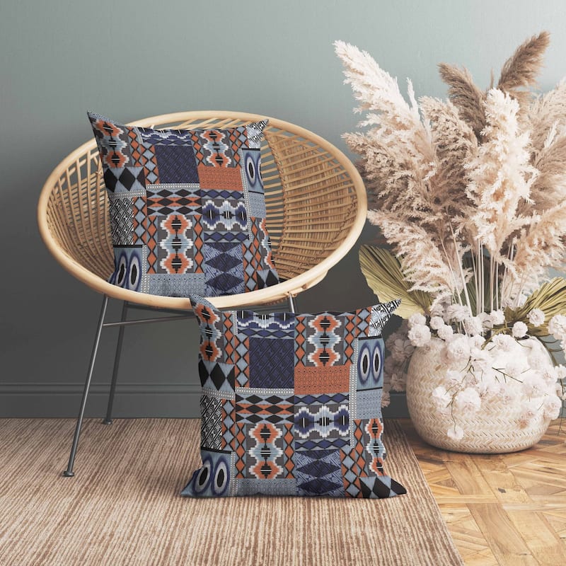 Patched Perfection Faux Suede Reversible Throw Pillow Blue and Ochre