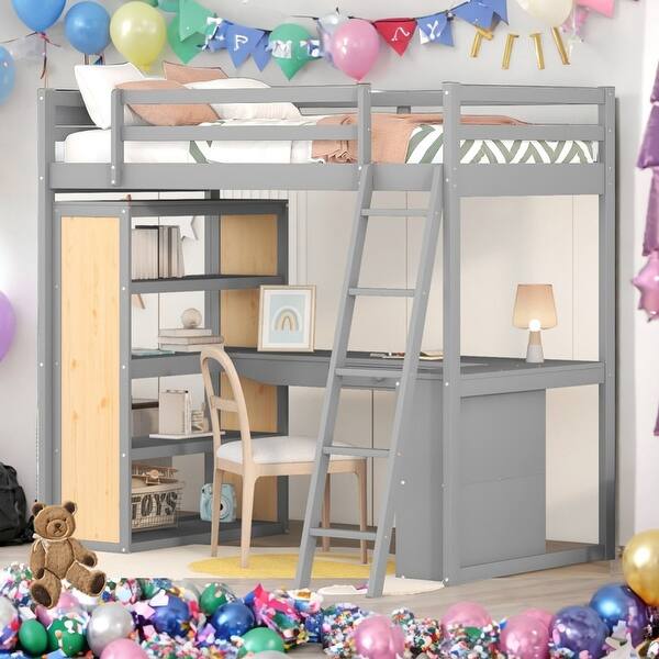 slide 2 of 12, Twin Size Loft Bed With Ladder,Shelves and Desk for Home Grey