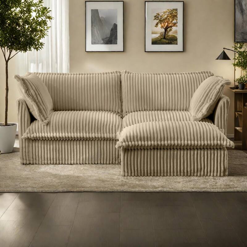 Corduroy Slipcovered 2-Seater Sectional Sofa with Convertible Ottoman, Wide and Deep Seat,and Soft Multiple Big Pillows - Camel