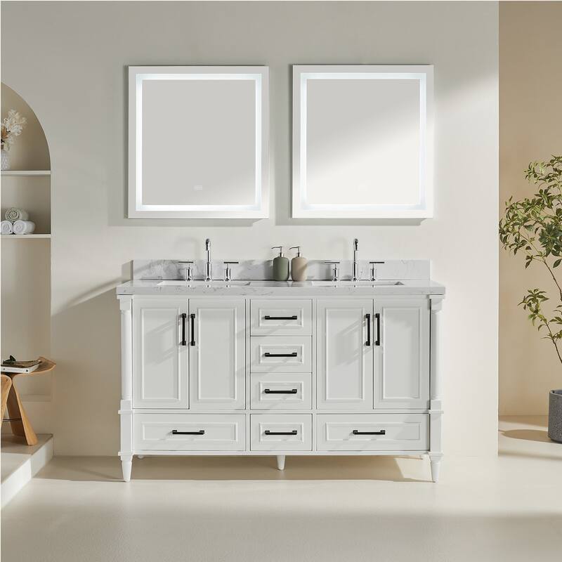 60 inch Plywood Freestanding Bathroom Vanity Set in White with Undermount Ceramic Sink - 60" x 22" - Painted - White