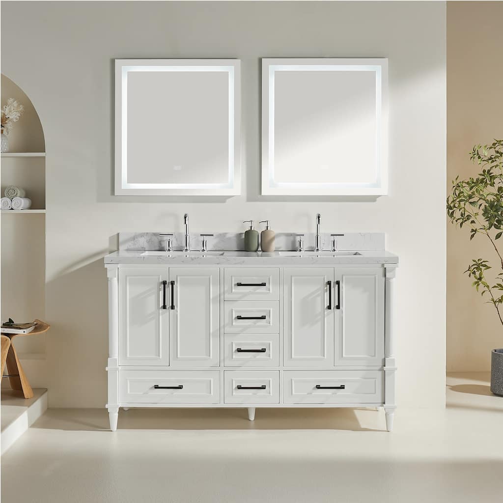 60 inch Plywood Freestanding Bathroom Vanity Set in White with Undermount Ceramic Sink