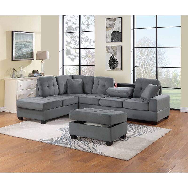 Poundex 3-Piece Sectional Set W/ Ottoman - Dark Gray