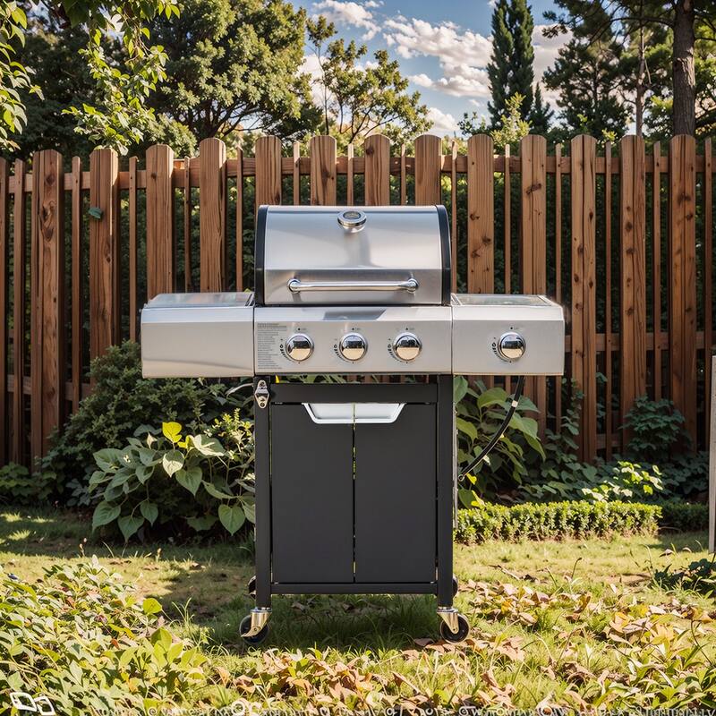 3 Burner Outdoor BBQ Grill Portable Charcoal Cooking Station with Side Stove, for Picnic Camping and Backyard - Black