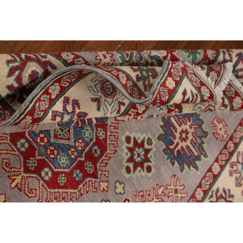Grey Geometric Kazak Oriental Area Rug Handmade Wool Carpet - 5'1" x 6'9"