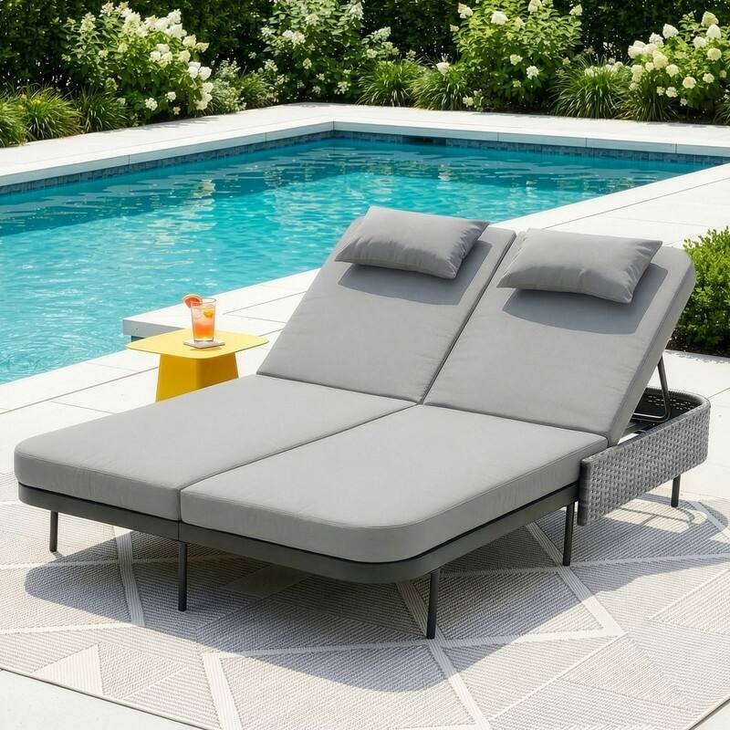 2-Person Outdoor Double Chaise Lounge, Wicker Patio Reclining Daybed with 6-Position Backrests, 4" Cushions, 800 lb Capacity