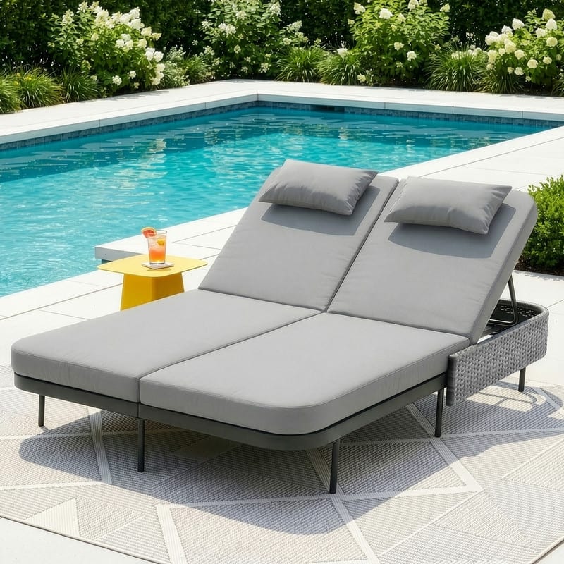 2-Person Outdoor Double Chaise Lounge, Wicker Patio Reclining Daybed with 6-Position Backrests, 4" Cushions, 800 lb Capacity
