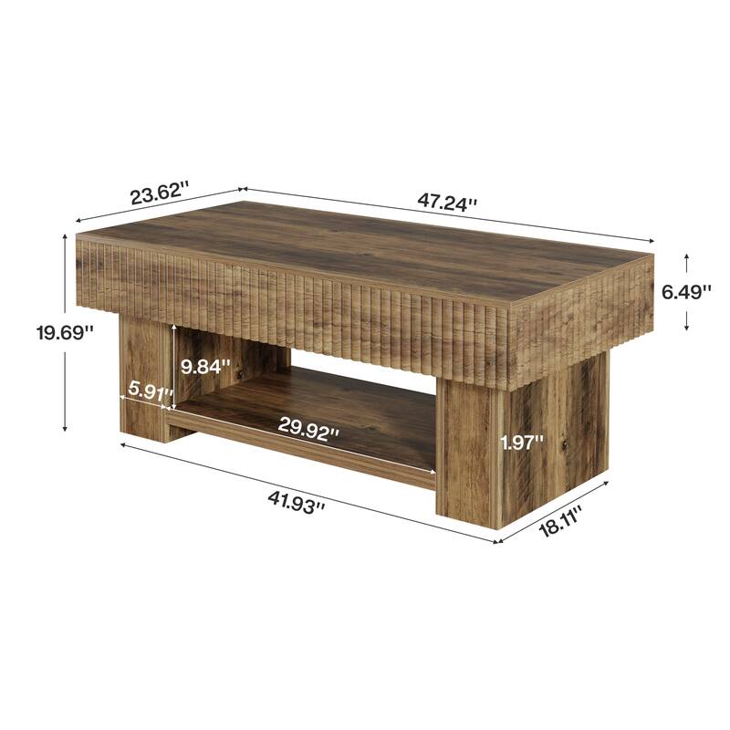 47-Inch Wood Coffee Table with Storage, Large Rectangular Center Table with Open Shelf for Living Room