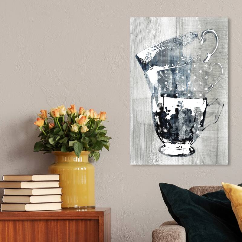 Wynwood Studio 'Coffee Cups Screenprint Blue' Drinks and Spirits Wall Art Canvas Print Tea - Blue, Gray