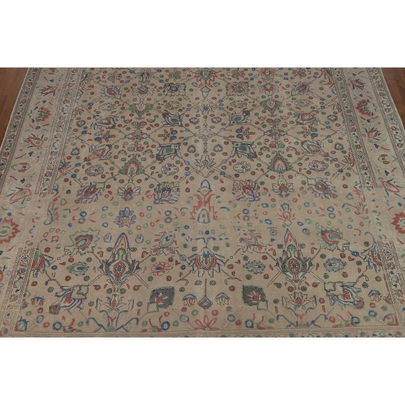 Hand Knotted Oriental 100% Wool Carpet Traditional All-Over Beige & Ivories Tabriz Area Rug - 12' 3'' X 9' 8''