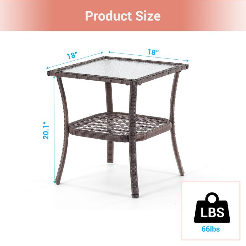 LIVOOSUN Patio Water Rippled Glass Side Table Rattan Coffee Table