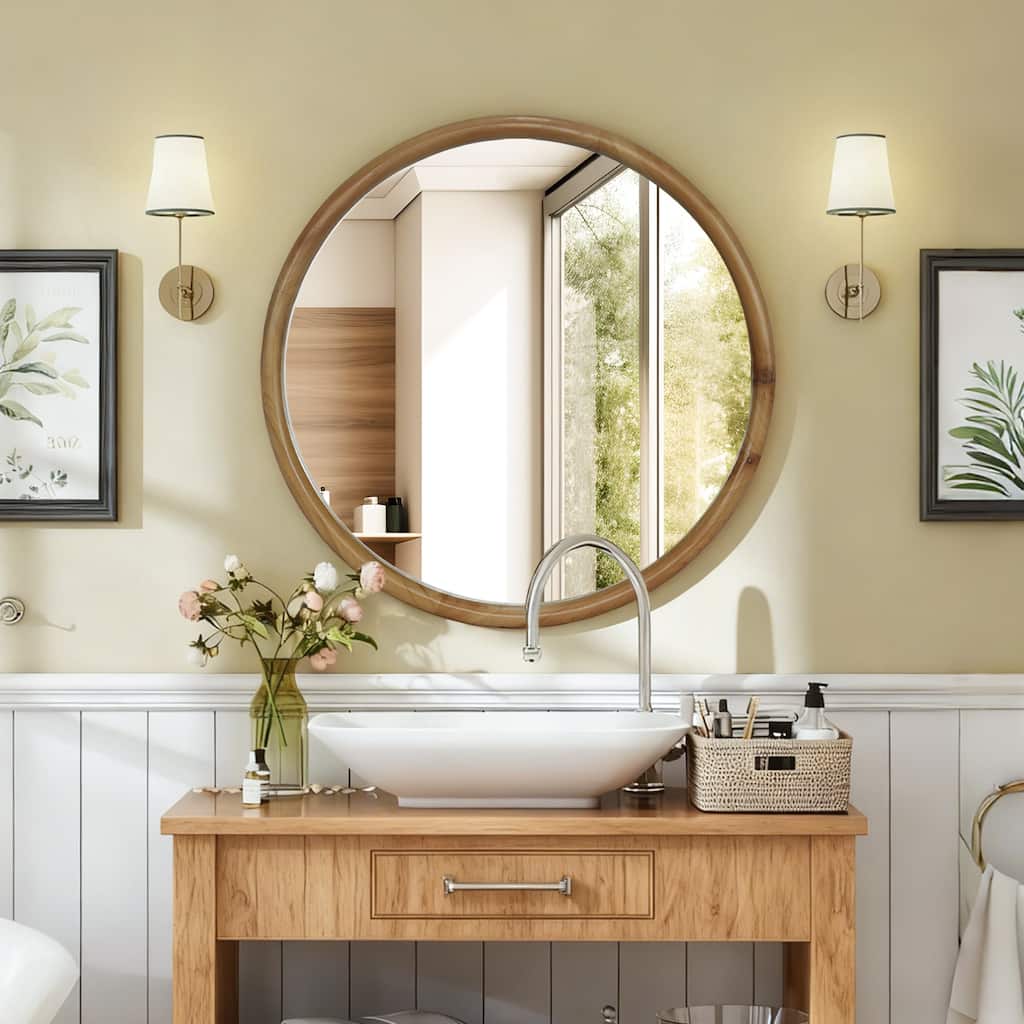 Round Wood Framed Wall Mirror, 23.62" Natural Wooden Circle Mirror for Bathroom, Bedroom, Entryway, Mid-Century Modern