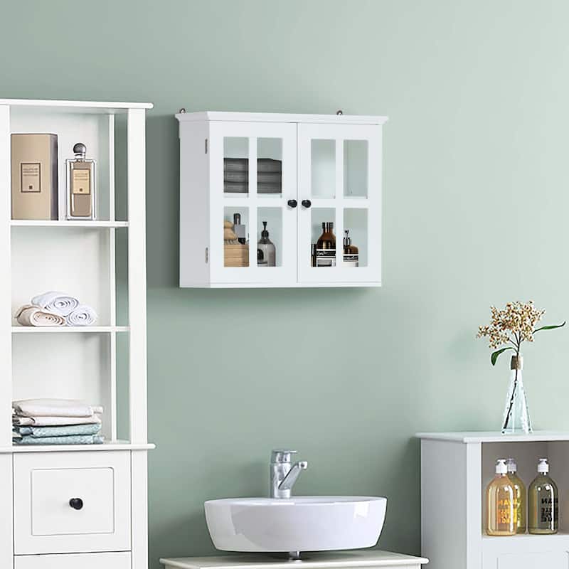 White MDF Wood Glass Pane Bathroom Wall Cabinet - 19.9" H x 23.6" W x 7.5" D