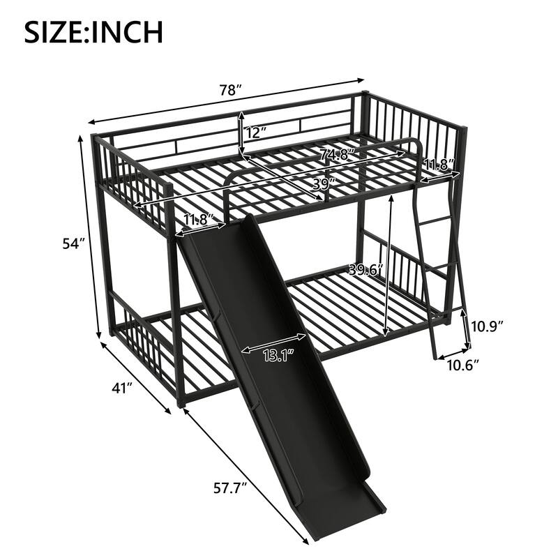 Twin Over Twin Metal Bunk Bed with Slide, Black - Space-Saving Kids Bed with Safety Railings