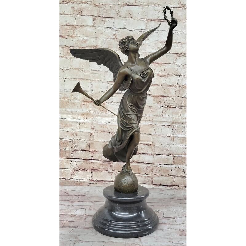 Angel Winged Female Figure Holding Wreath Trumpet Horn Bronze Sculpture Statue By Moreau