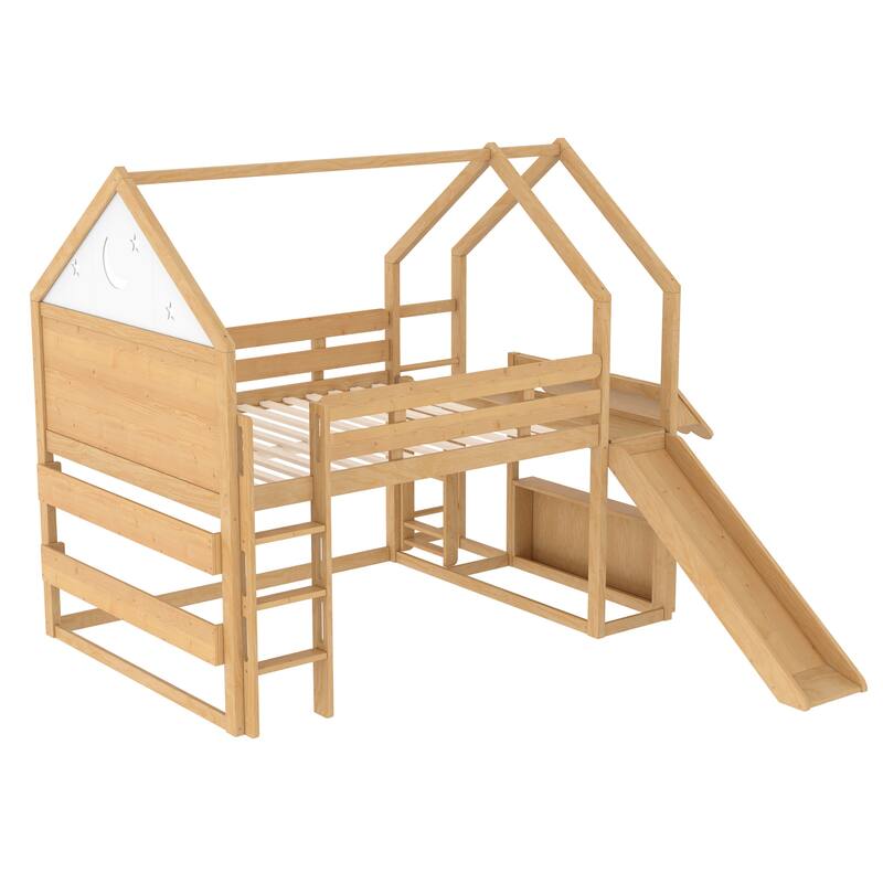 Full Size Loft Bed with Bookshelf, Playful Design for Kids, House-Shaped Structure with Slide High-Quality Safety Rails