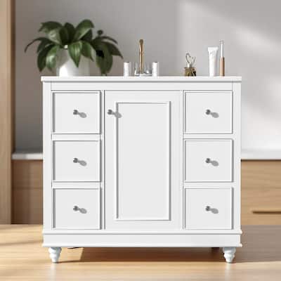 Modern 36 Inch Bathroom Vanity with Sink, Freestanding Cabinet, 4 Storage Drawers, Soft-Close Door, MDF + Wood