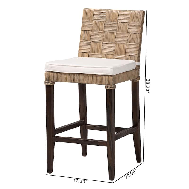 Fatima Natural Rattan Counter Stool with Cushion - Handwoven Wicker Stool with Basketweave Back and Seat, Coastal Boho Seating