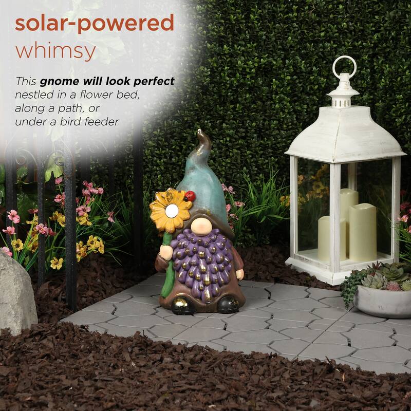 Solar Gnome Holding Flower w/ Turquoise Hat Statuary